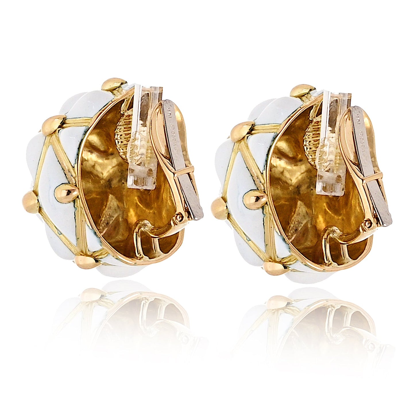 David Webb Platinum & 18K Yellow Gold White Enamel Bombe Dome Geodesic Earrings