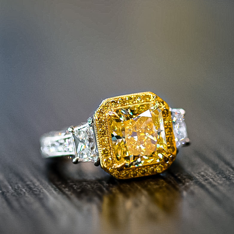 3 carat Radiant Cut Fancy Intense Yellow Diamond Engagement Ring