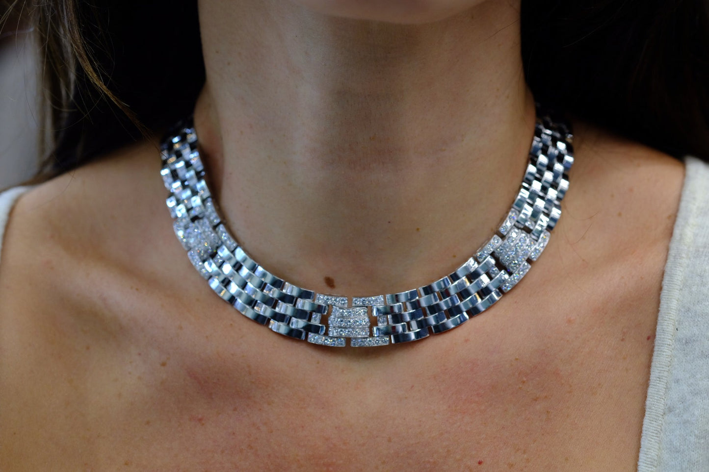 Cartier 18K White Gold 6.50 Carat Panthere Maillon Diamond Wide Collar Necklace