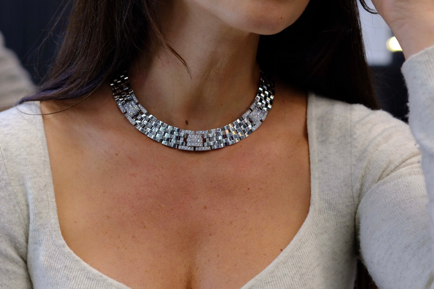 Cartier 18K White Gold 6.50 Carat Panthere Maillon Diamond Wide Collar Necklace