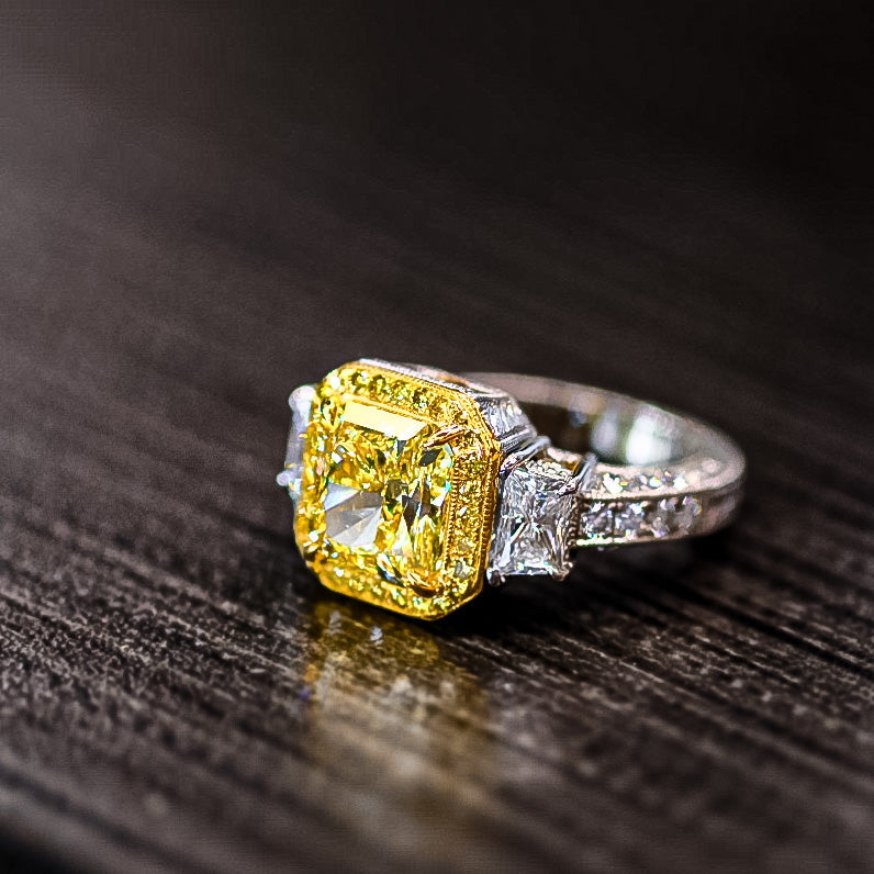 3 carat Radiant Cut Fancy Intense Yellow Diamond Engagement Ring