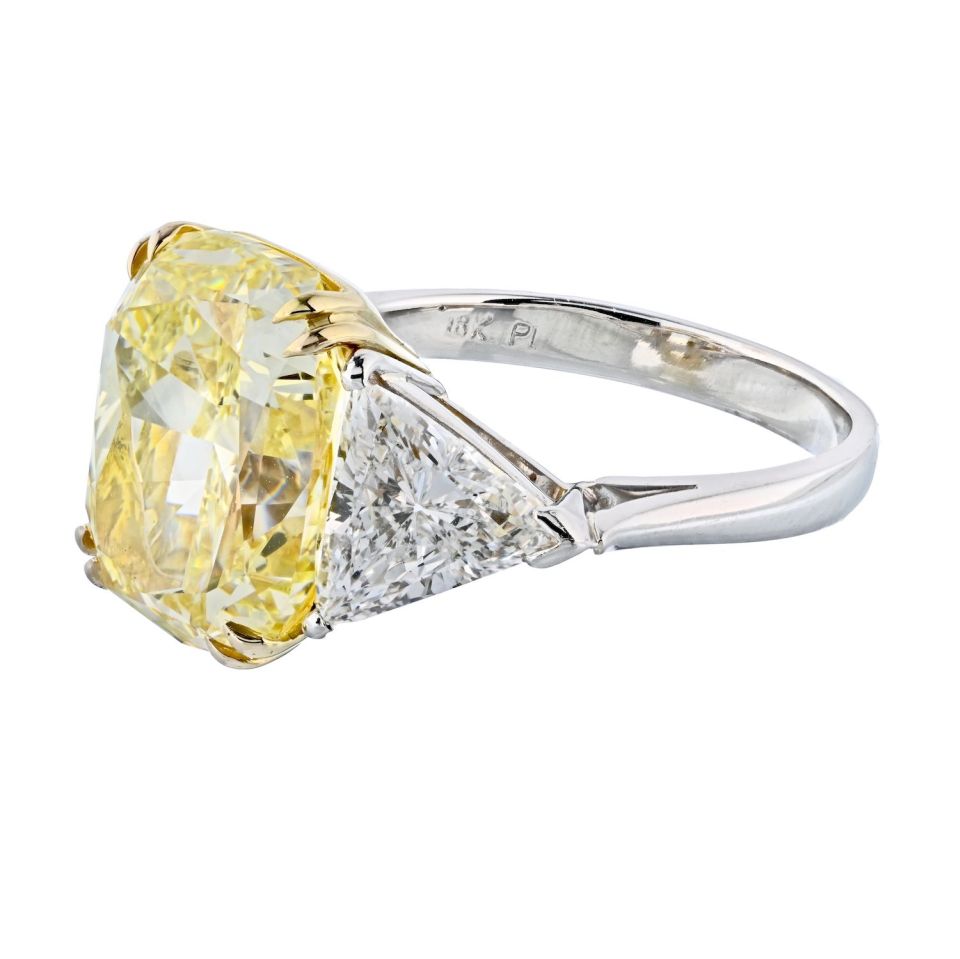 8.70 Carat Cushion Cut Platinum & 18K Yellow Gold Fancy Yellow Three Stone Diamond Engagement Ring