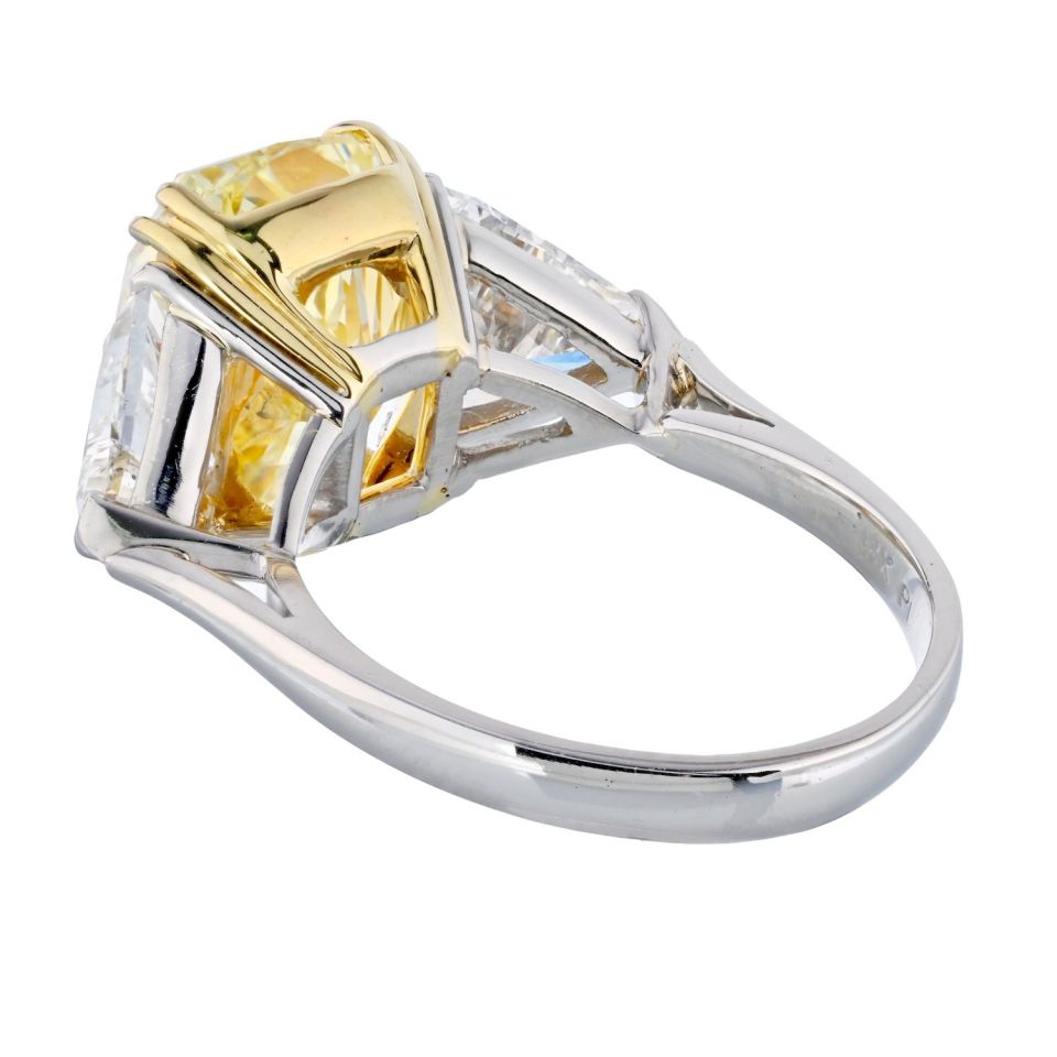 8.70 Carat Cushion Cut Platinum & 18K Yellow Gold Fancy Yellow Three Stone Diamond Engagement Ring