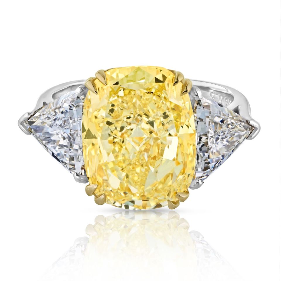 8.70 Carat Cushion Cut Platinum & 18K Yellow Gold Fancy Yellow Three Stone Diamond Engagement Ring