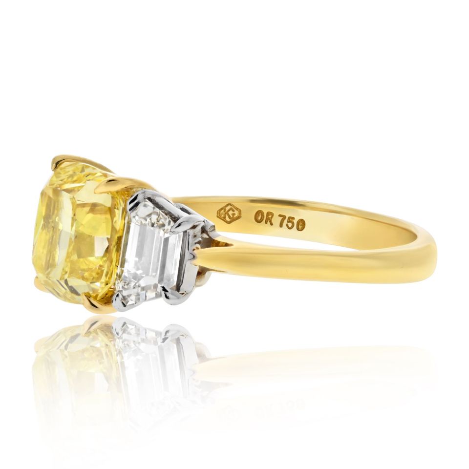 3.03ct Fancy Vivid Yellow Cushion Cut Three Stone Diamond Engagement Ring