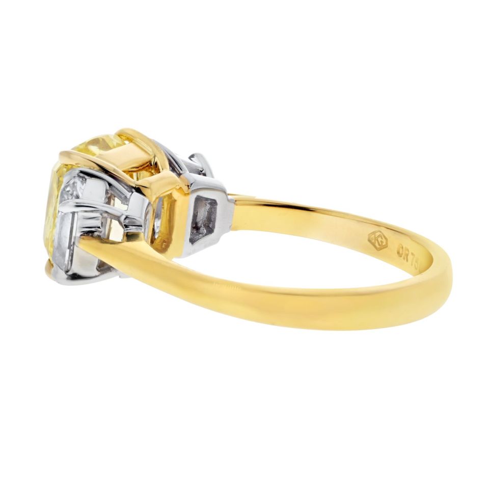3.03ct Fancy Vivid Yellow Cushion Cut Three Stone Diamond Engagement Ring