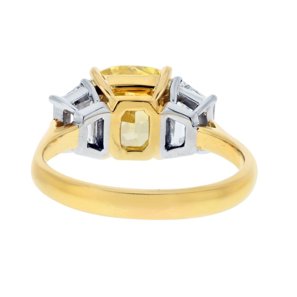 3.03ct Fancy Vivid Yellow Cushion Cut Three Stone Diamond Engagement Ring