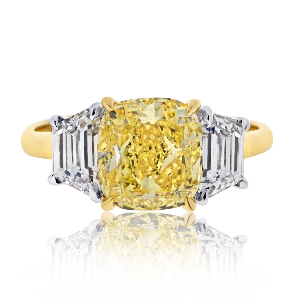 3.03ct Fancy Vivid Yellow Cushion Cut Three Stone Diamond Engagement Ring