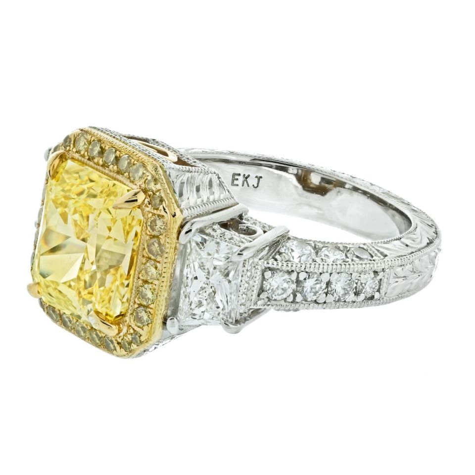 3 carat Radiant Cut Fancy Intense Yellow Diamond Engagement Ring