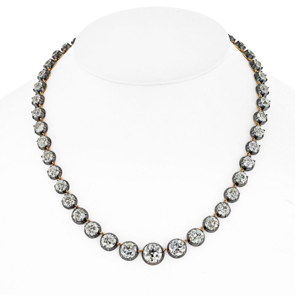 18K Yellow Gold & Silver 57.19cttw Old European Cut Riviera Diamond Necklace