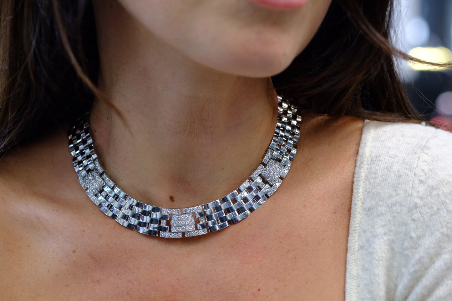 Cartier 18K White Gold 6.50 Carat Panthere Maillon Diamond Wide Collar Necklace