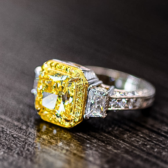 3 carat Radiant Cut Fancy Intense Yellow Diamond Engagement Ring