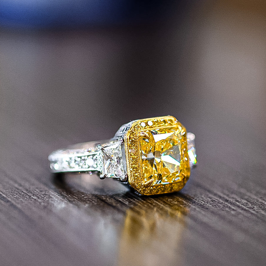 3 carat Radiant Cut Fancy Intense Yellow Diamond Engagement Ring