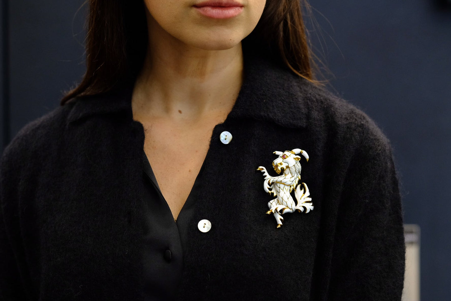 David Webb White Enamel Diamond Goat Brooch