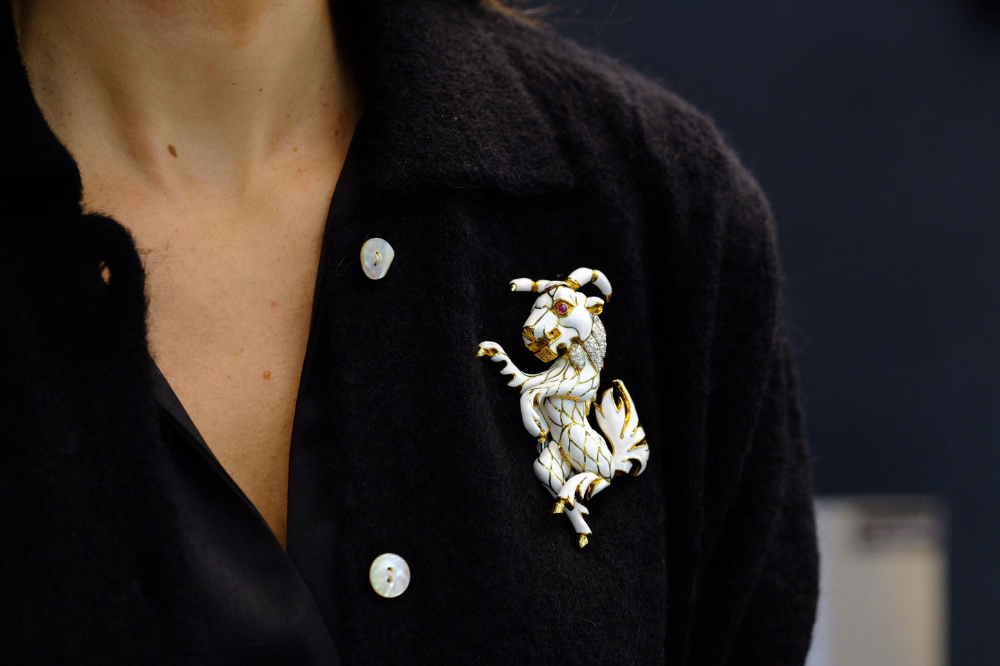 David Webb White Enamel Diamond Goat Brooch