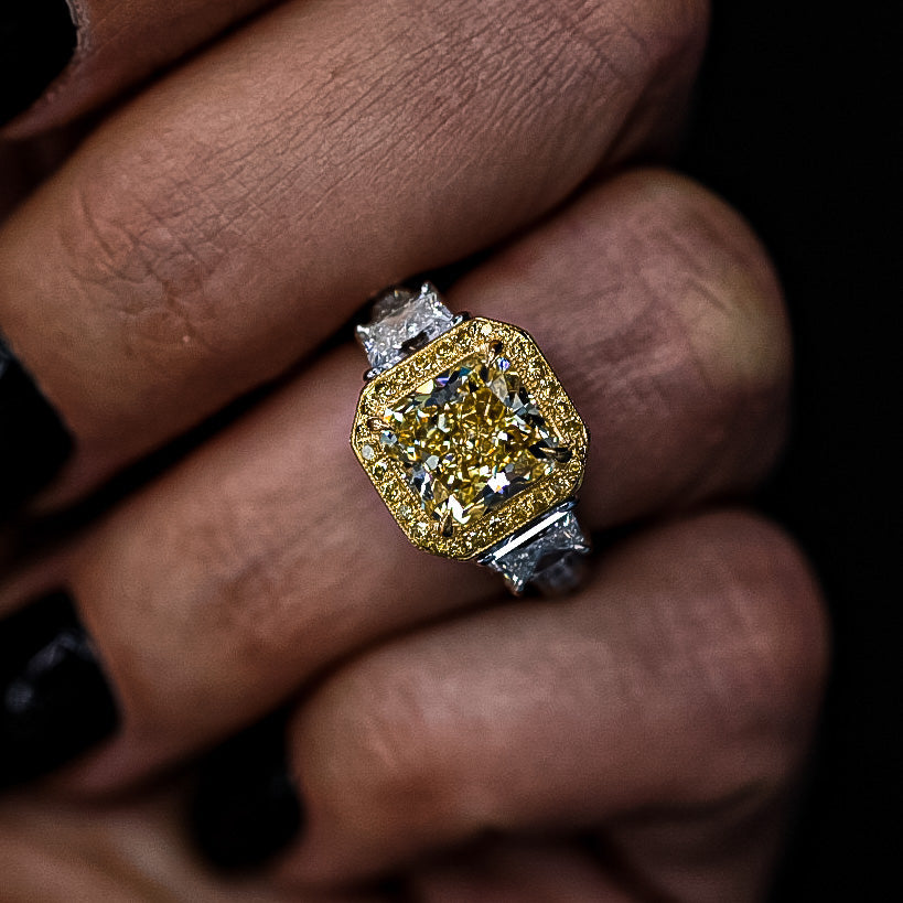 3 carat Radiant Cut Fancy Intense Yellow Diamond Engagement Ring