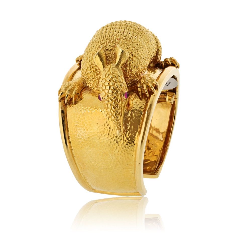 David Webb 18K Yellow Gold Armadillo Cuff With Ruby Eyes Bracelet