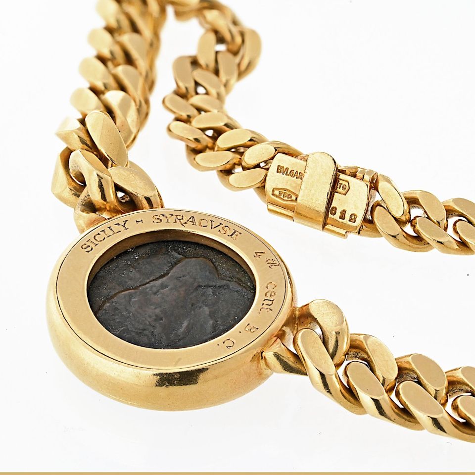 Bvlgari 18K Yellow Gold Monete Coin 4 BC Sicilian Greek Necklace