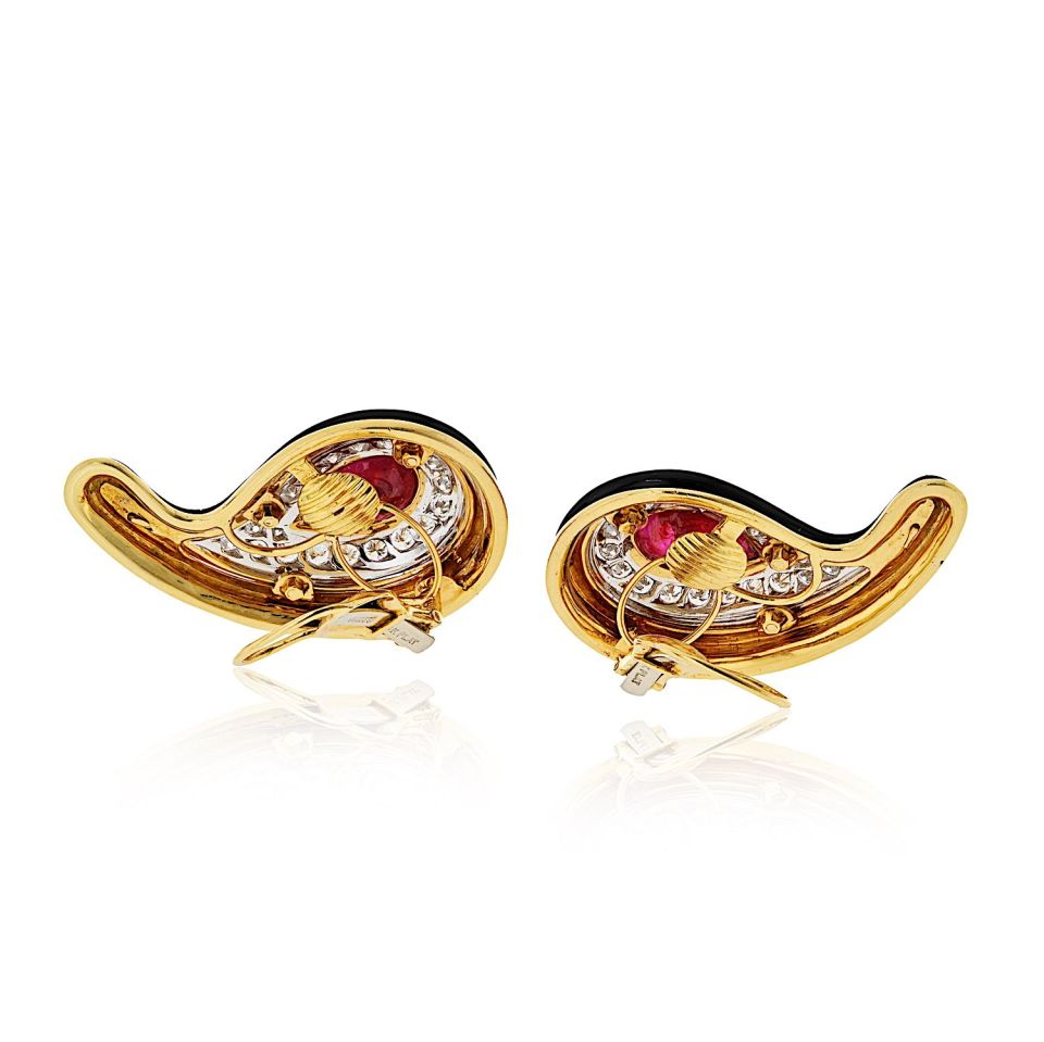 David Webb 18K Yellow Gold Black Enamel, Ruby And Diamond Earrings