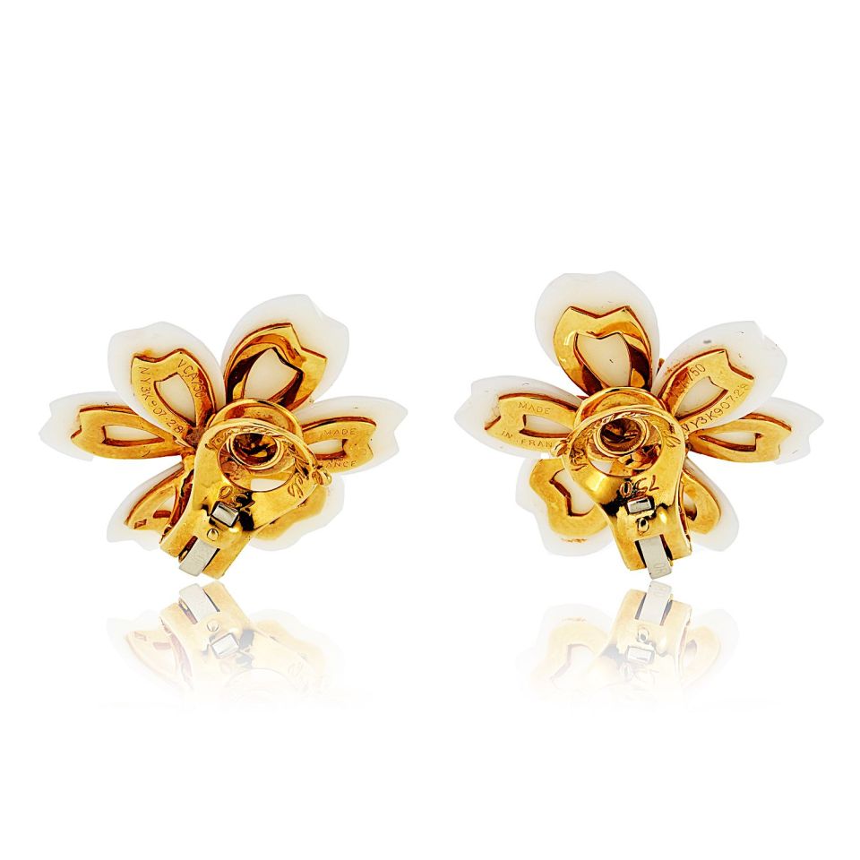 Van Cleef & Arpels Rose de Noel 18K Yellow Gold Small Model White Coral Earrings