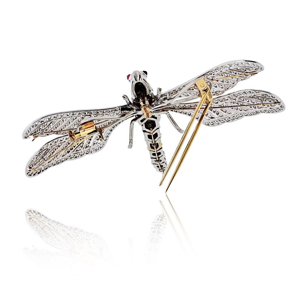 Platinum & 18K White Gold Diamond Dragonfly With Ruby Eyes Brooch