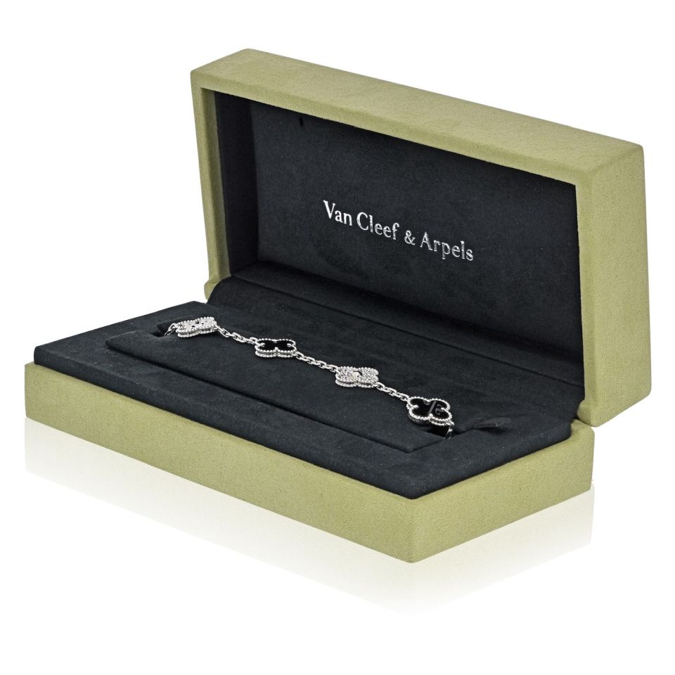Van Cleef & Arpels Alhambra 18K White Gold Onyx And Diamond Bracelet