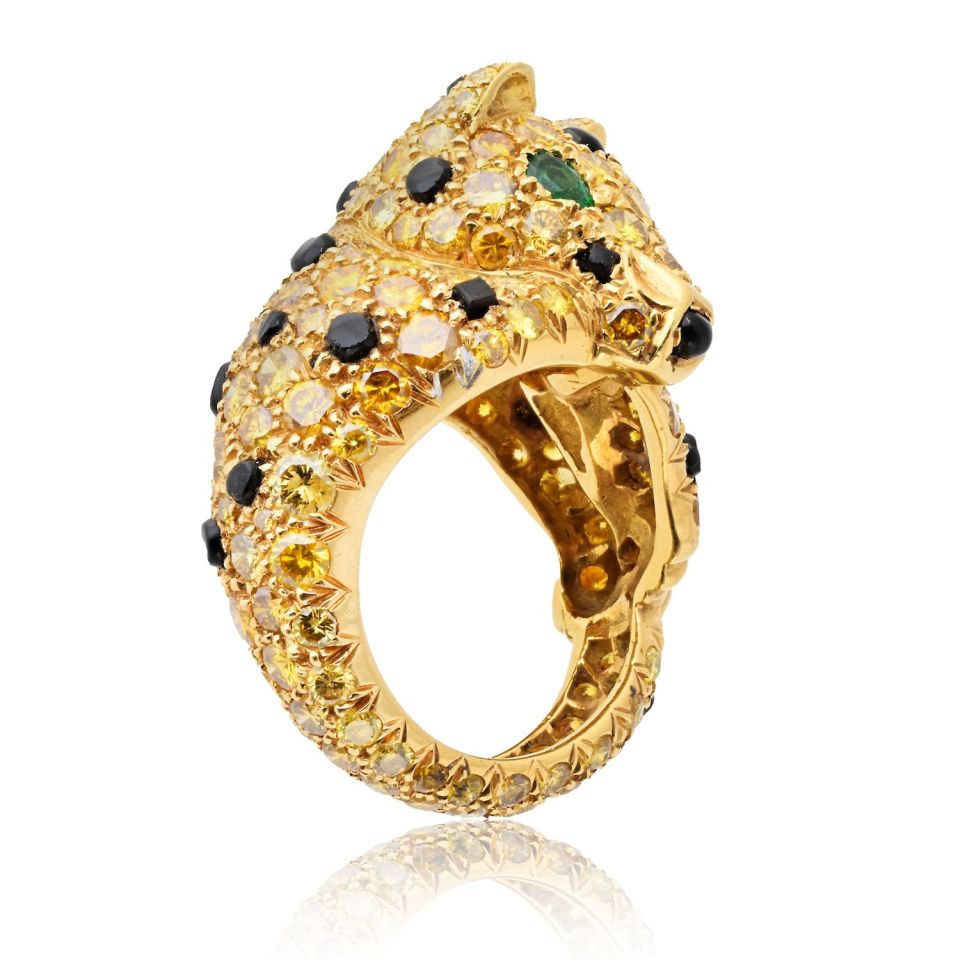 Panthere Platinum & 18K Yellow Gold Yellow Diamond Onyx & Emerald Ring
