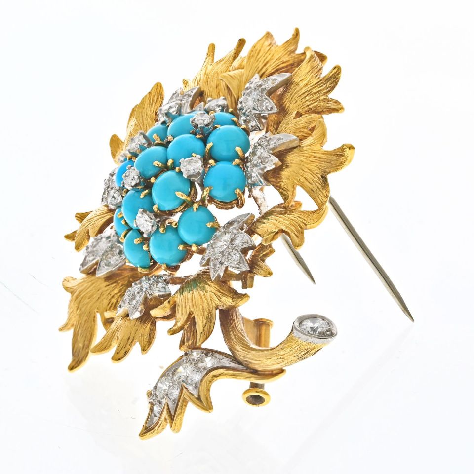 David Webb Platinum & 18K Yellow Gold Turquoise And Diamond Floral Brooch