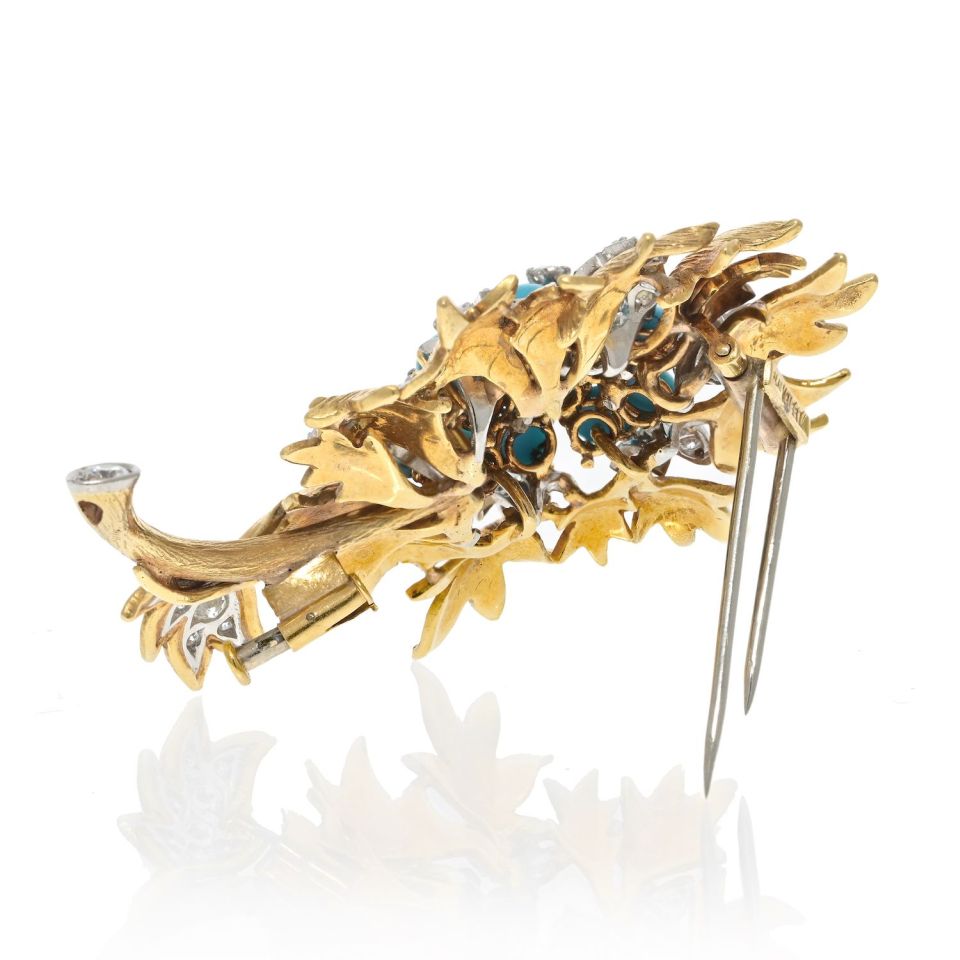 David Webb Platinum & 18K Yellow Gold Turquoise And Diamond Floral Brooch