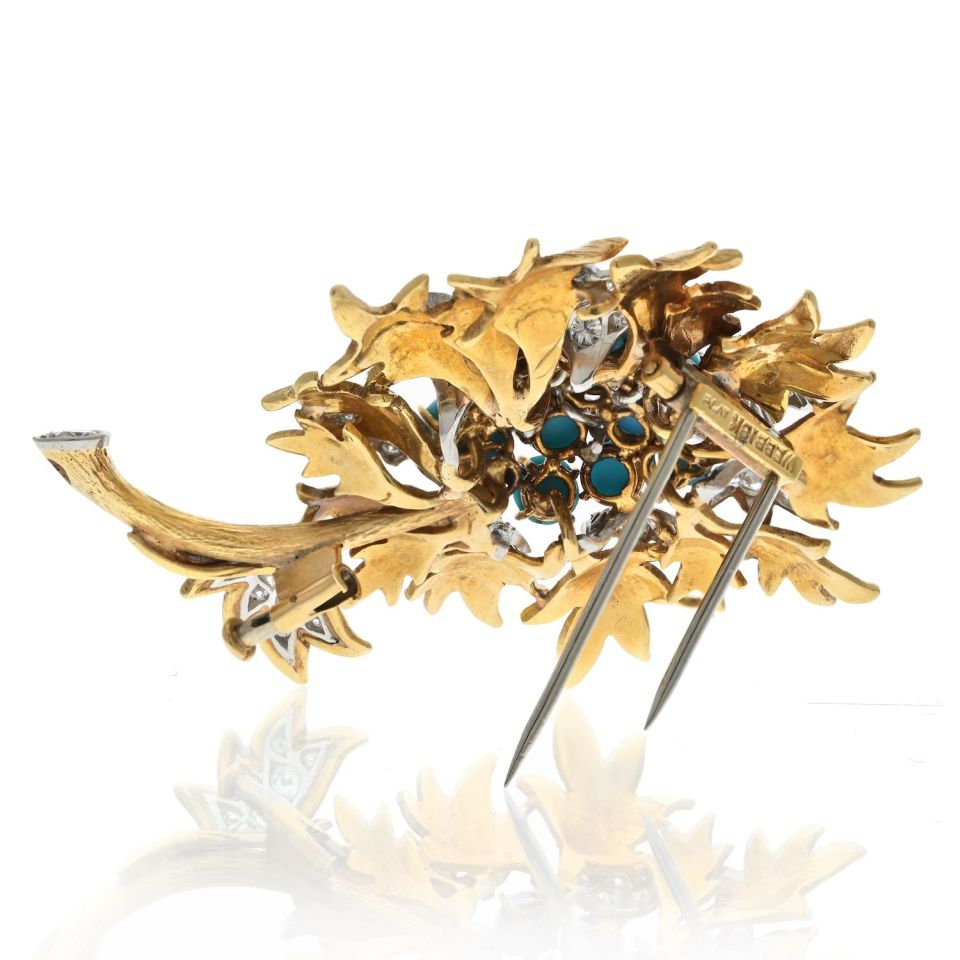 David Webb Platinum & 18K Yellow Gold Turquoise And Diamond Floral Brooch