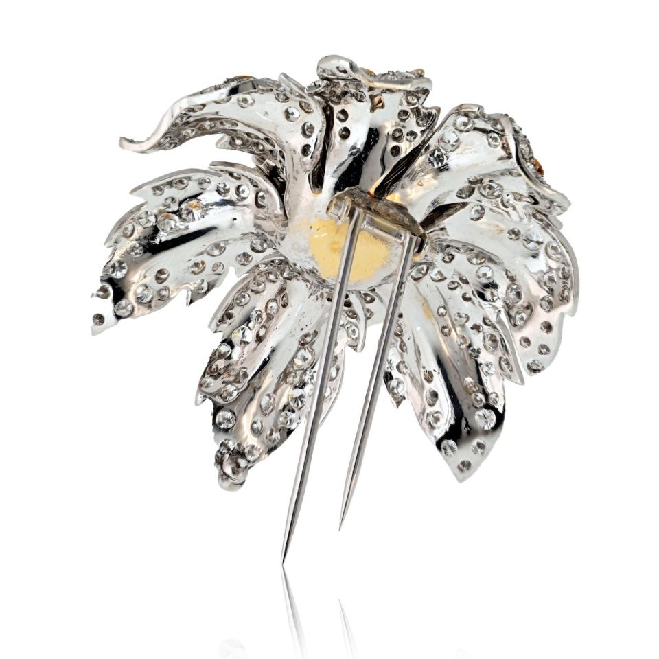 1970's Platinum & 18K Yellow Gold 25 Carat Diamond Flower Brooch