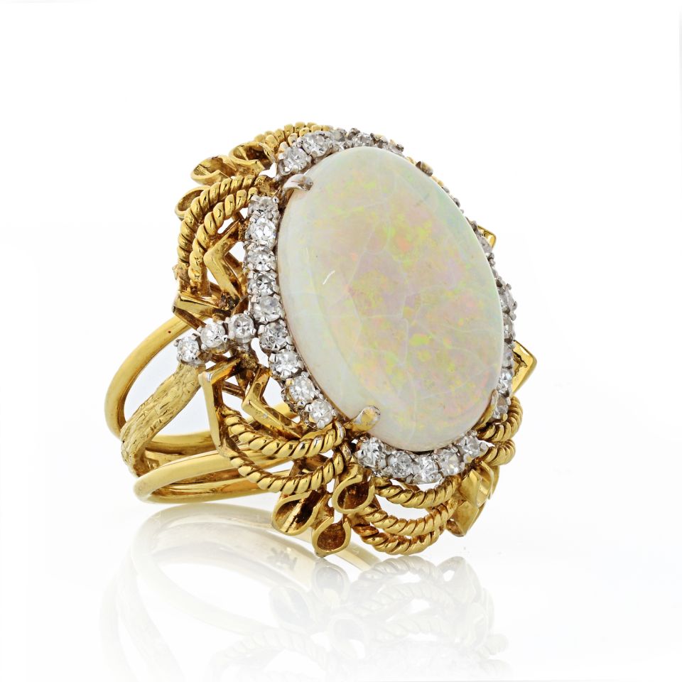 14K Yellow Gold Oval Cabochon Opal & Diamond Ring