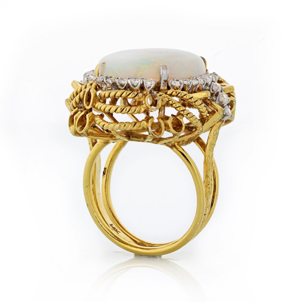 14K Yellow Gold Oval Cabochon Opal & Diamond Ring
