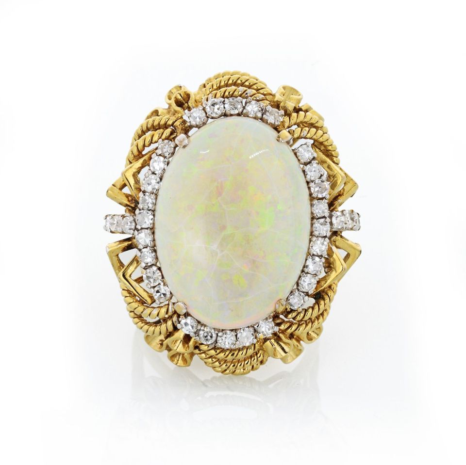 14K Yellow Gold Oval Cabochon Opal & Diamond Ring