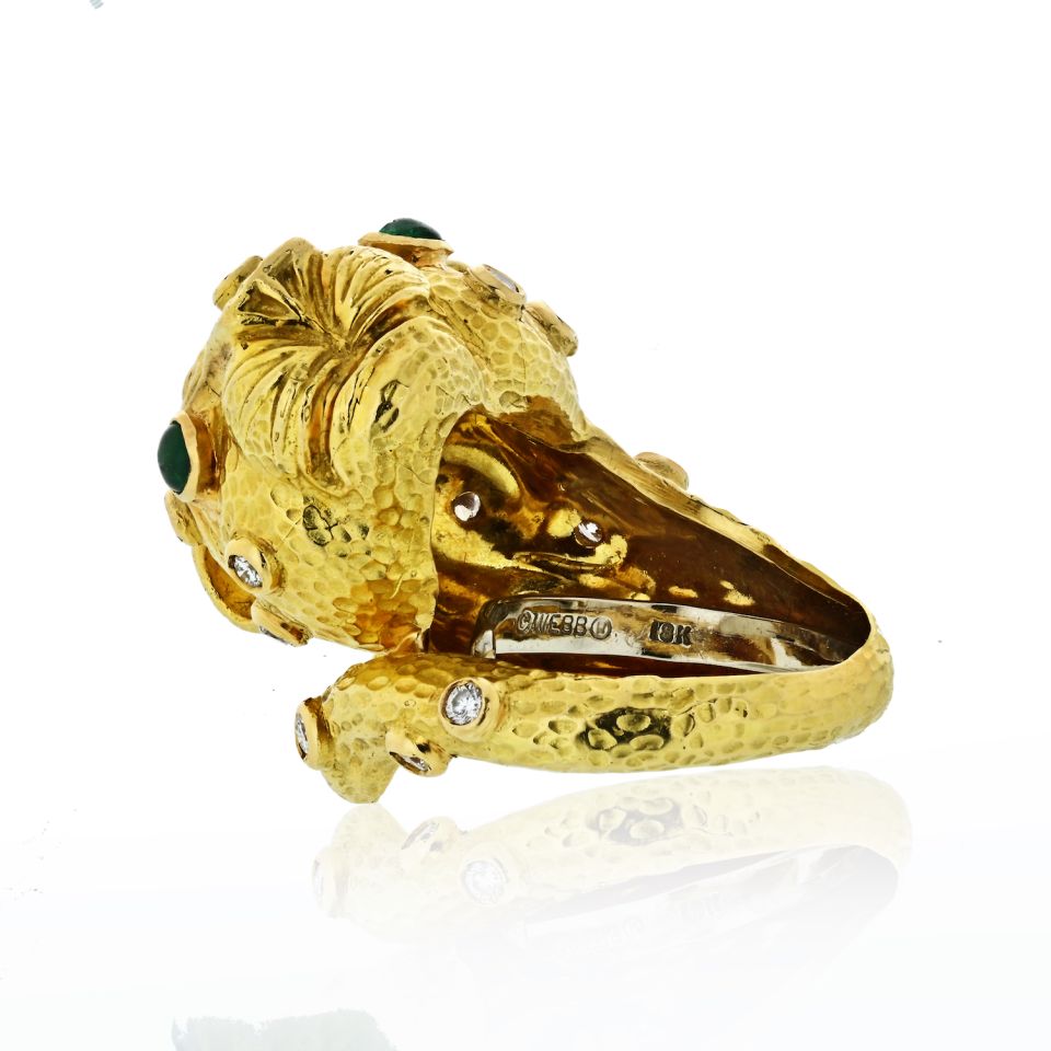 David Webb Leopard 18K Yellow Gold Green Emeralds, Diamonds Ring