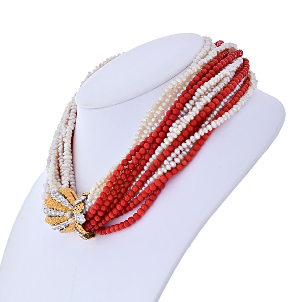 Buccellati 18K Yellow Gold 16 string Coral, Pearl Diamond Clasp Necklace
