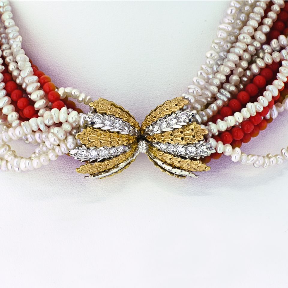 Buccellati 18K Yellow Gold 16 string Coral, Pearl Diamond Clasp Necklace
