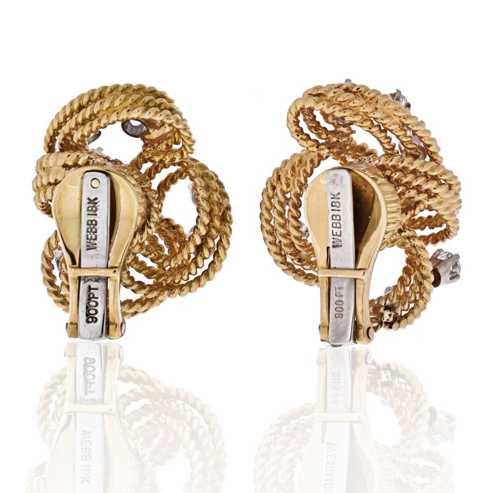 David Webb Platinum & 18K Yellow Gold Twisted Woven Diamond Earrings