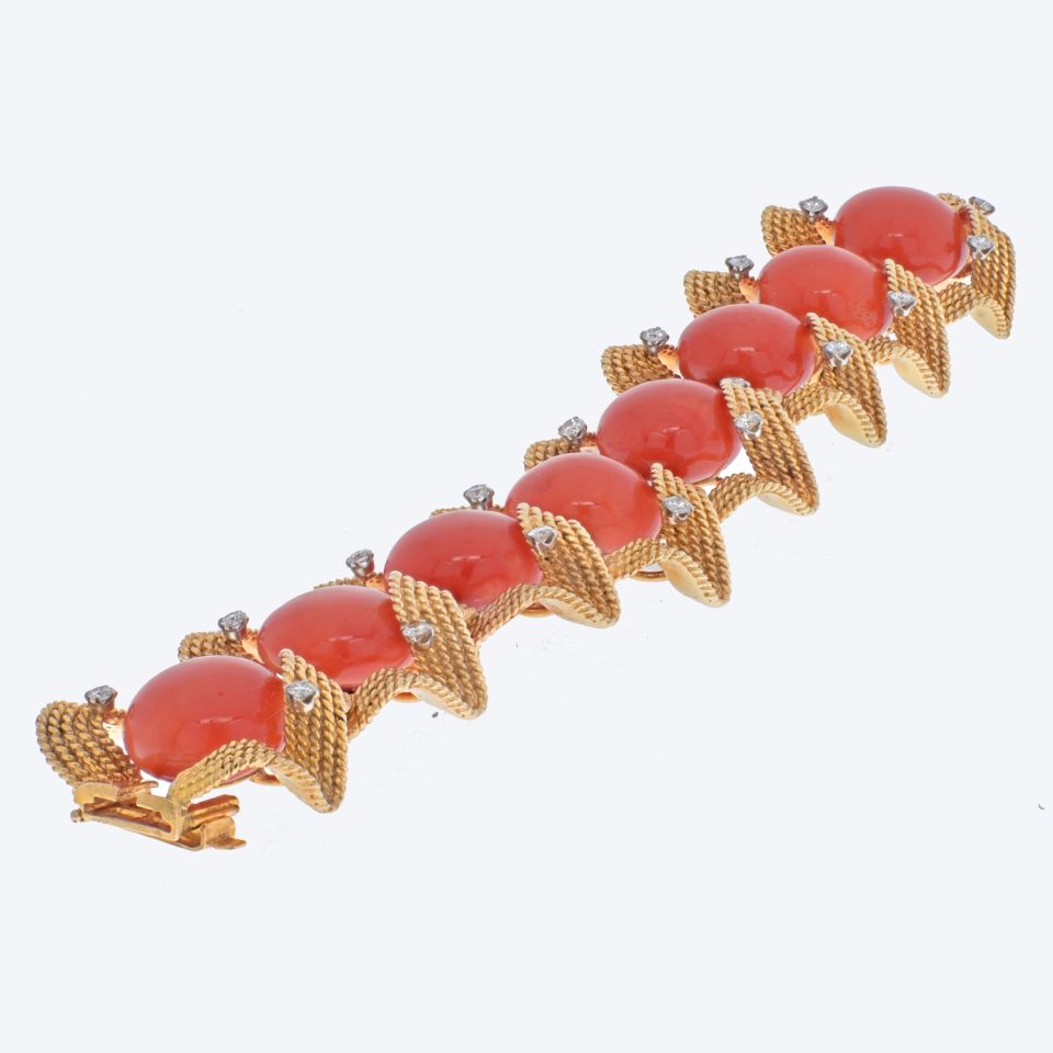 David Webb 18K Yellow Gold Coral And Diamond 1960's Bracelet