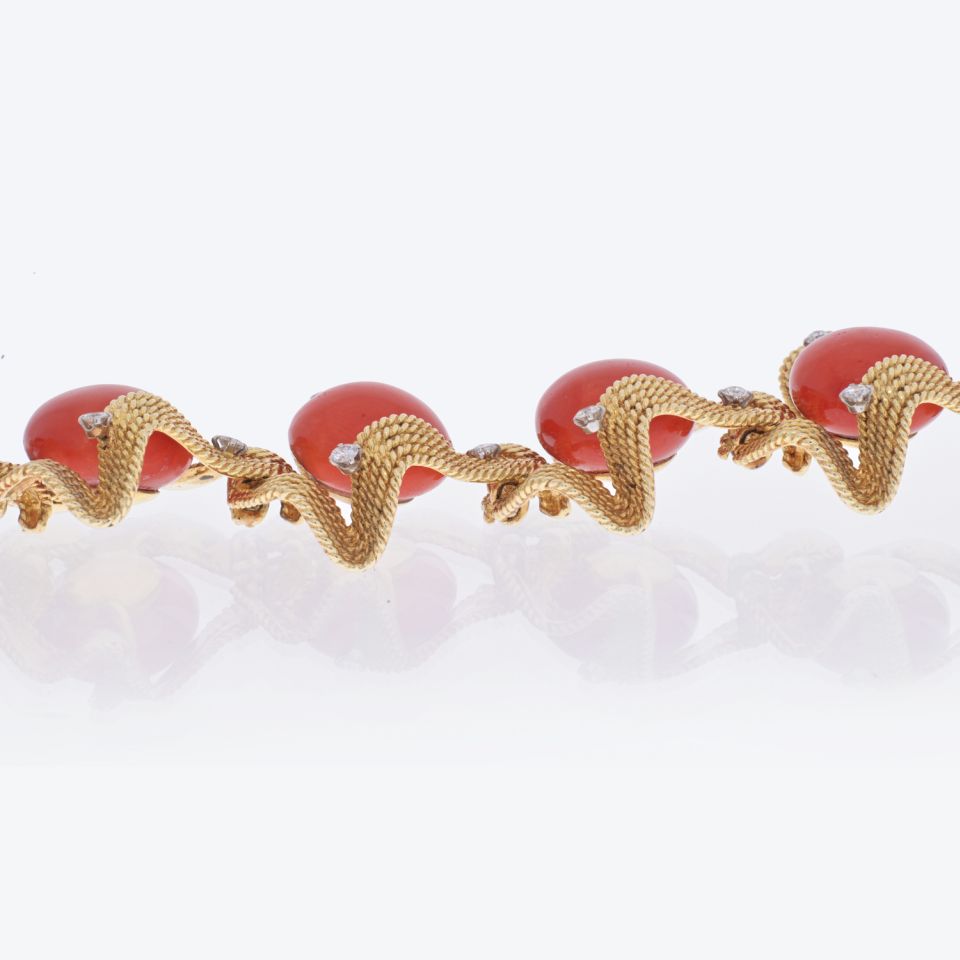 David Webb 18K Yellow Gold Coral And Diamond 1960's Bracelet