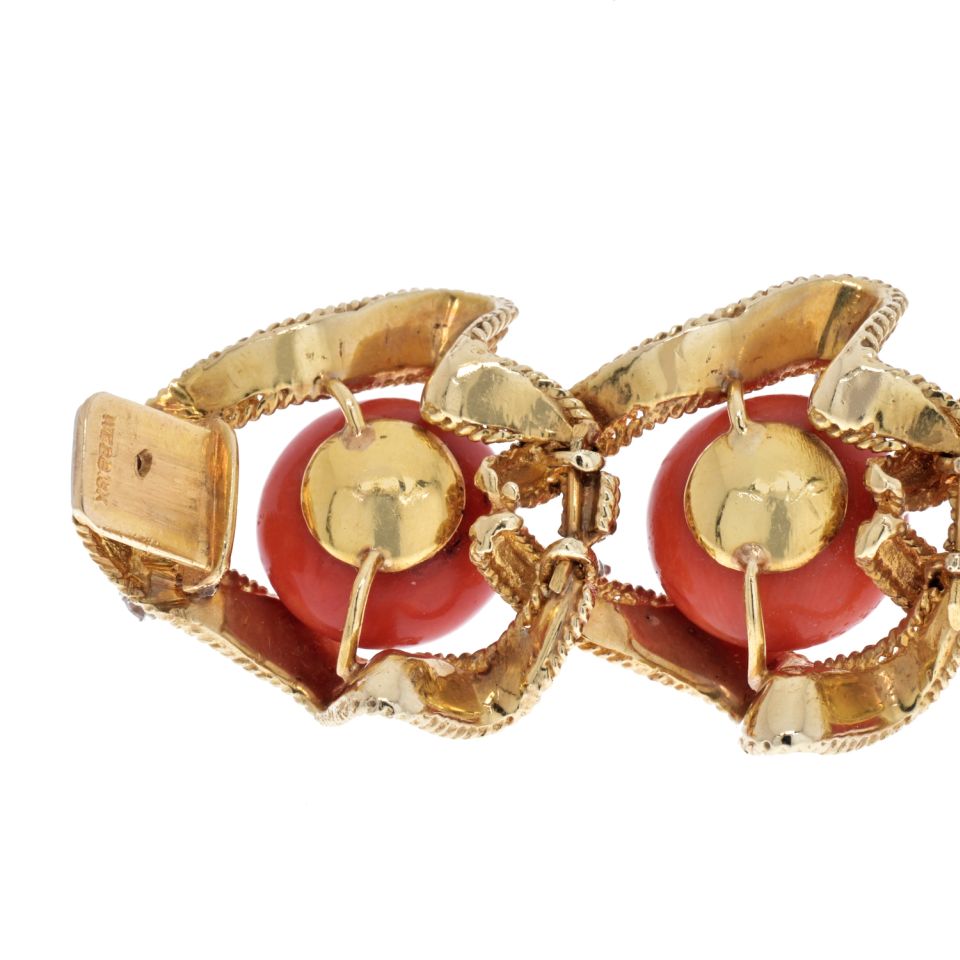 David Webb 18K Yellow Gold Coral And Diamond 1960's Bracelet