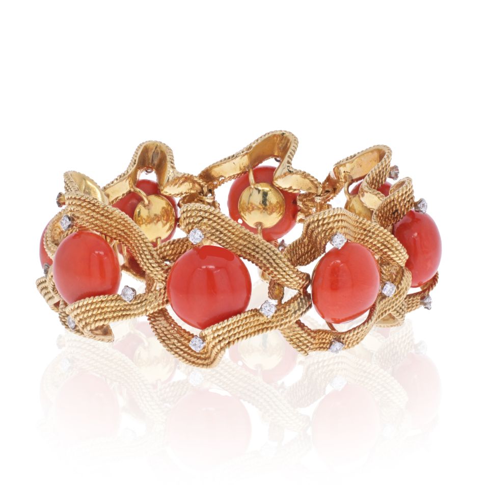 David Webb 18K Yellow Gold Coral And Diamond 1960's Bracelet