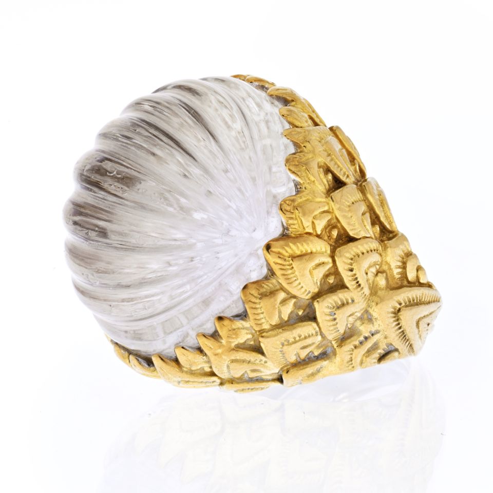 David Webb 18K Yellow Gold Carved Rock Crystal Ring