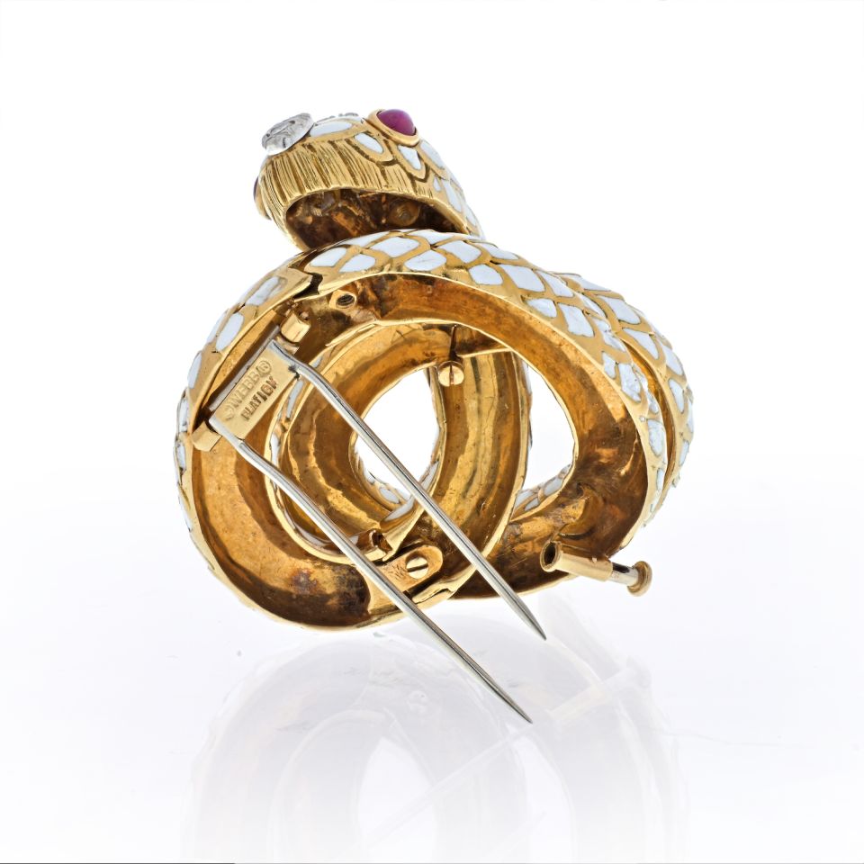 David Webb Platinum & 18K Yellow Gold Coiled Snake Serpent With Ruby Eyes Brooch