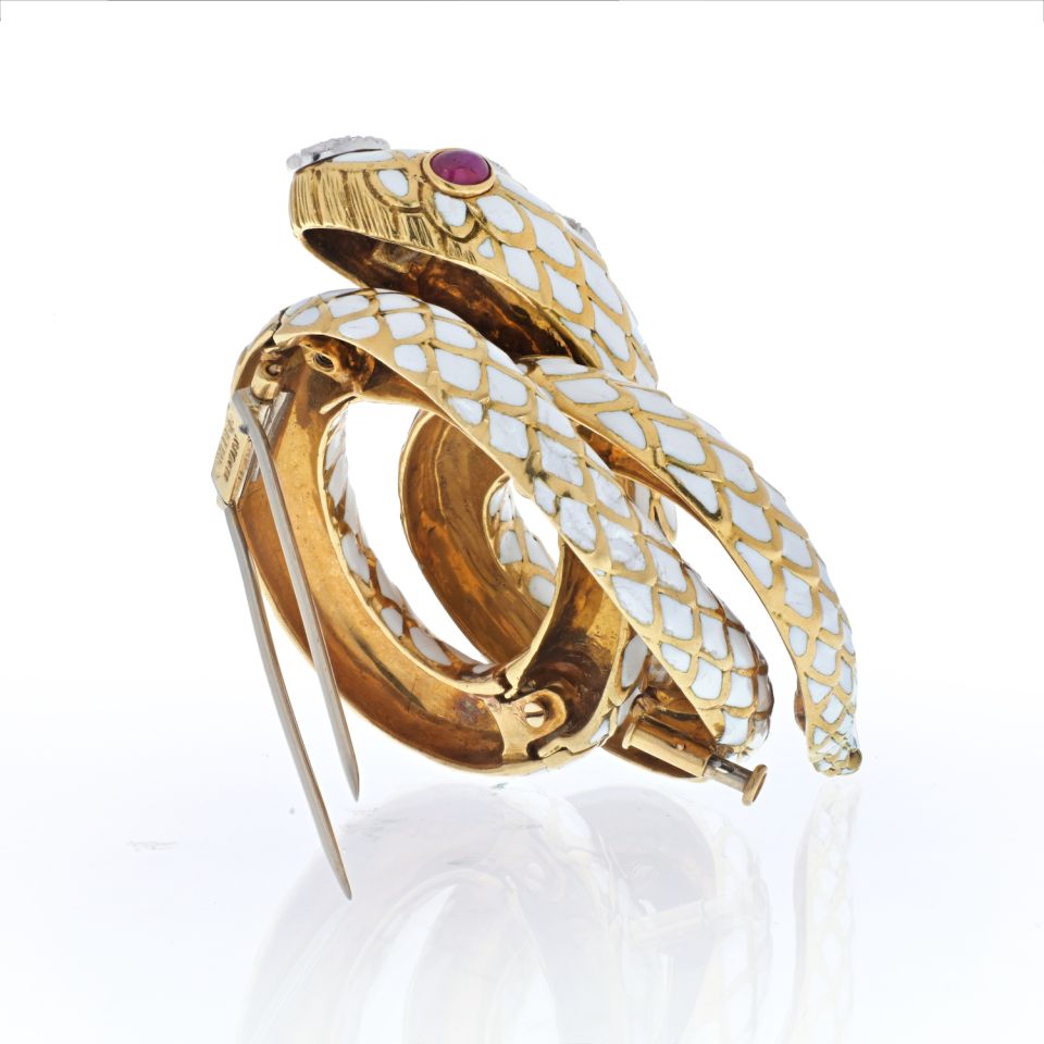 David Webb Platinum & 18K Yellow Gold Coiled Snake Serpent With Ruby Eyes Brooch