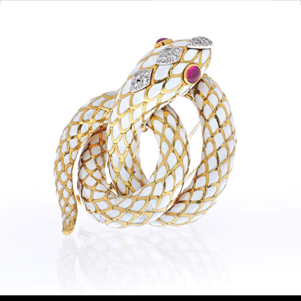 David Webb Platinum & 18K Yellow Gold Coiled Snake Serpent With Ruby Eyes Brooch