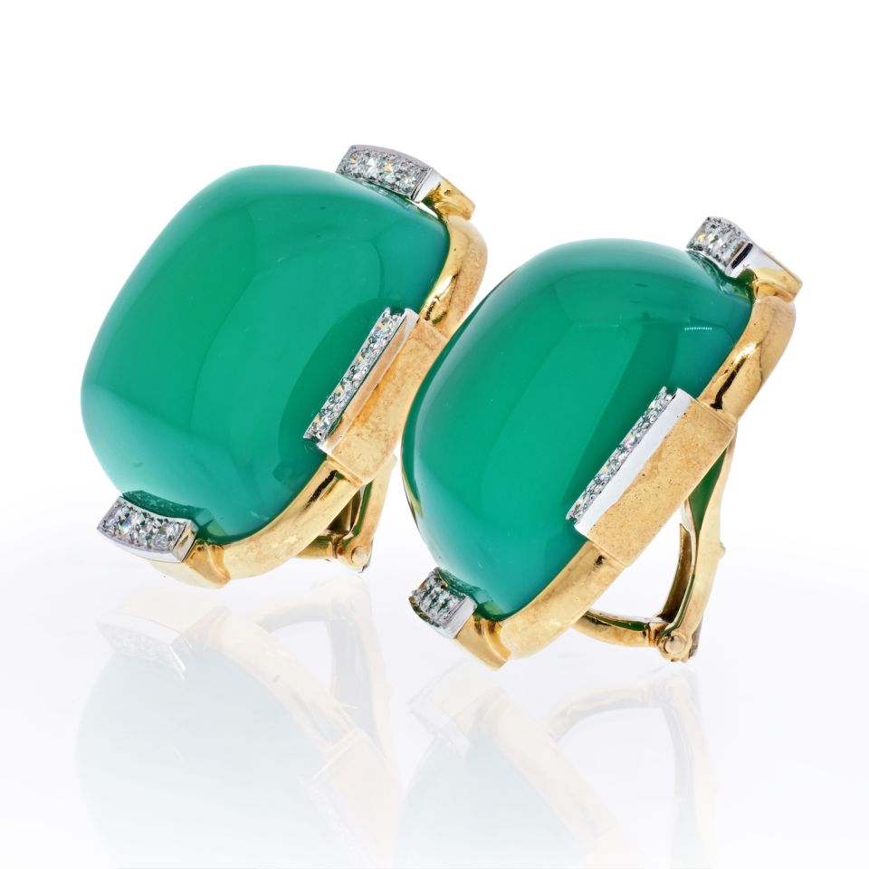 David Webb Platinum & 18K Yellow Gold Green Onyx Cabochon Earrings