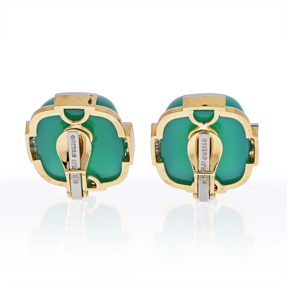 David Webb Platinum & 18K Yellow Gold Green Onyx Cabochon Earrings