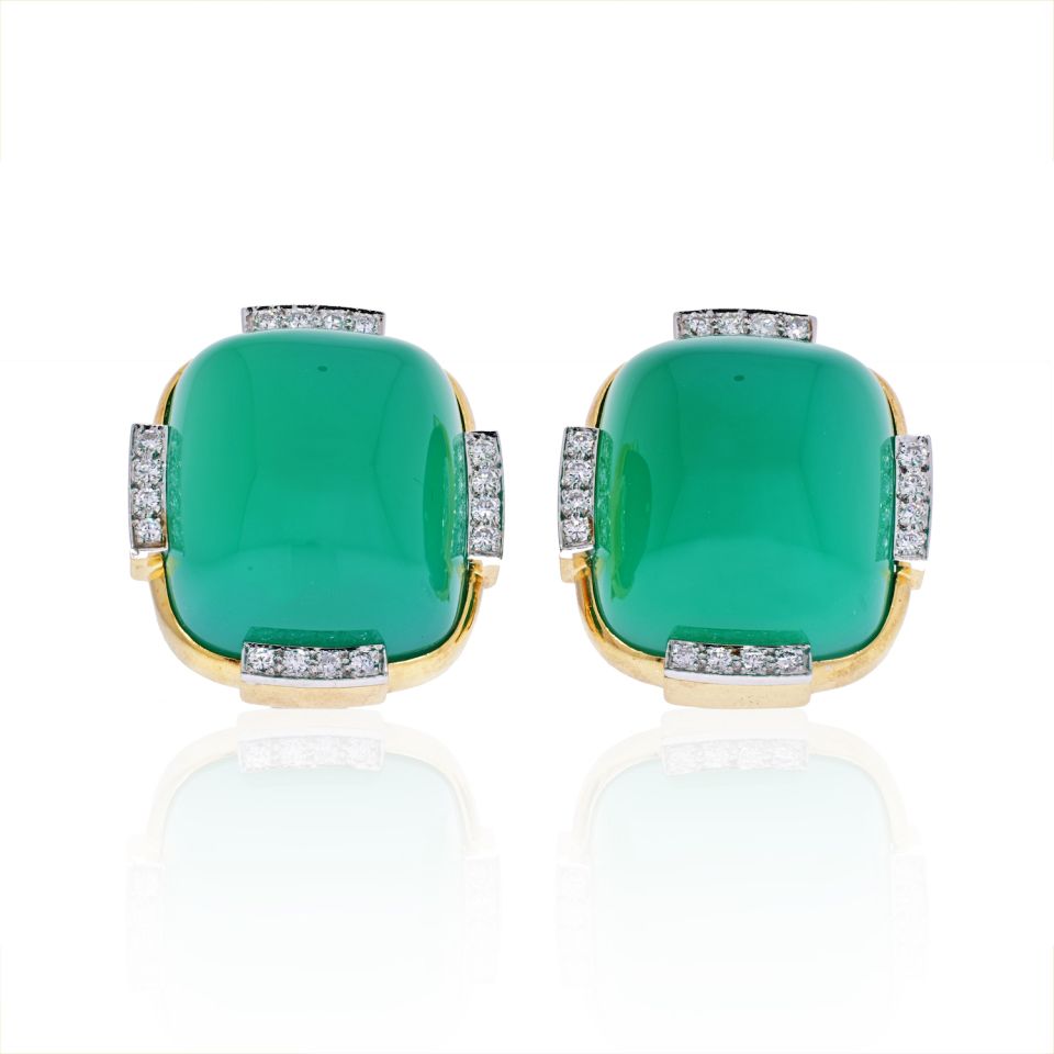 David Webb Platinum & 18K Yellow Gold Green Onyx Cabochon Earrings