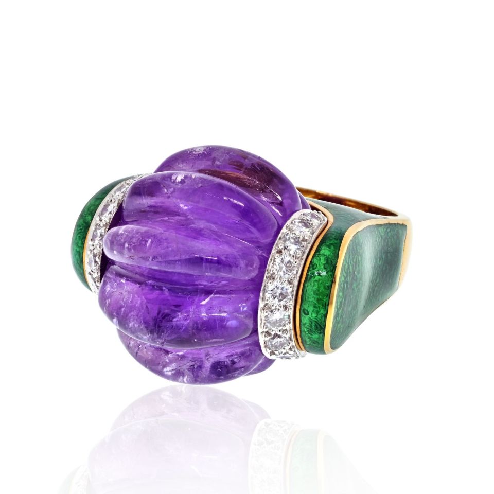 David Webb Platinum & 18K Yellow Gold Carved Smooth Purple Amethyst, Green Enamel And Diamond Ring